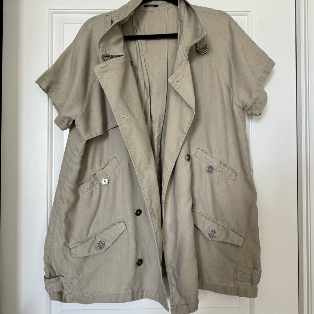 Vivid Raw Linen Short Sleeved Trench Jacket Greige Fits up to size 2XL